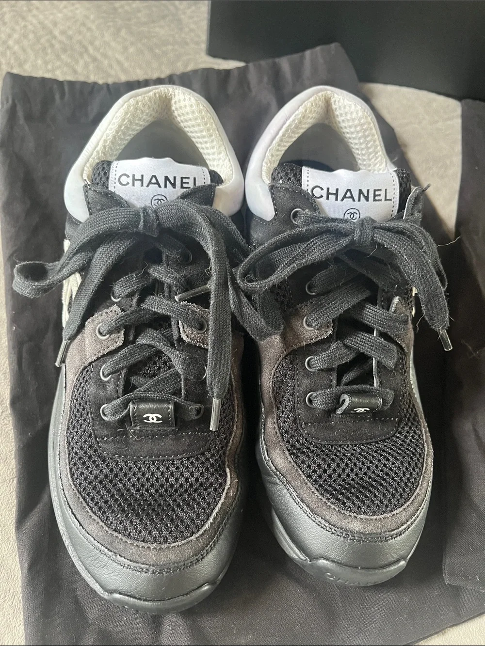 CHANEL Black Mesh and Leather Men's Sneakers